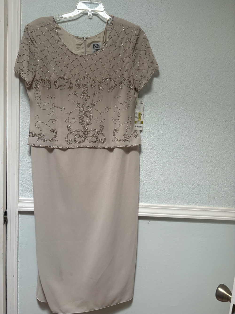 R&M Richards Beaded Short-Sleeve Cocktail Dress in Taupe